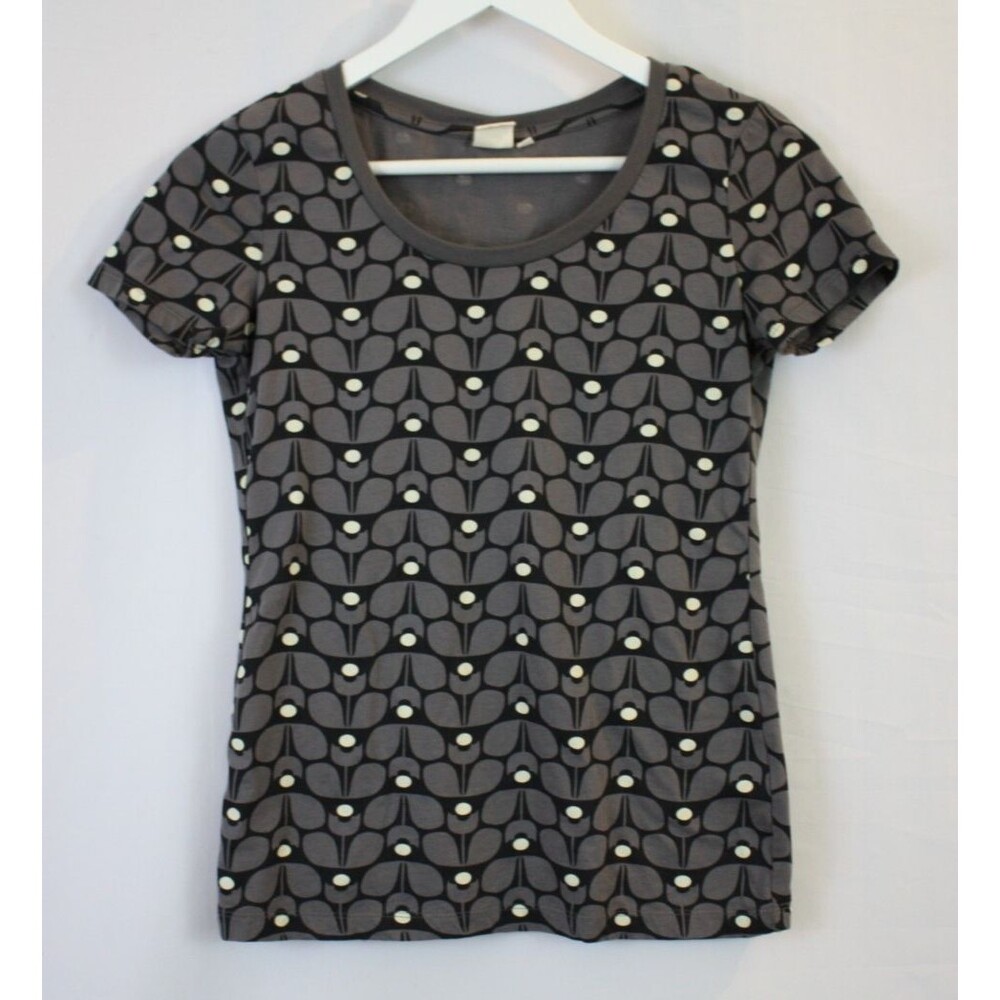 Orla Kiely Shirt Womens Small Grey Uniqlo Graphic Mod Floral Y2K Shortsleeve Top